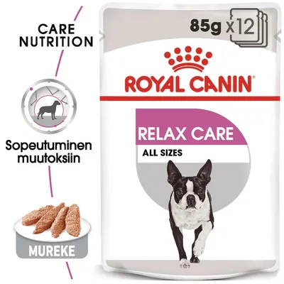 Royal Canin Relax Care All Sizes koiran märkäruoka, 85 g x12. Tekstit: Sopeutuminen muutoksiin, mureke, Care Nutrition. Kuvassa koira ja annos mureketta.