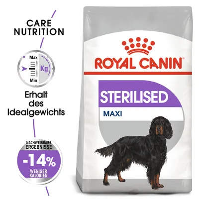 Royal Canin Sterilised Maxi, ohranjanje idealne teže, dokazani rezultati: 14 % manj kalorij. Care Nutrition za velike sterilizirane pse.