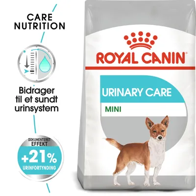 ROYAL CANIN URINARY CARE MINI hundefoder. Tekst: Care Nutrition, Bidrager til et sundt urinsystem, Dokumenteret effekt +21 % urinfortynding.