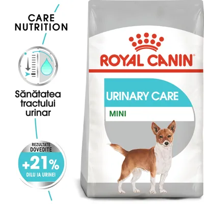 Pachet Royal Canin Urinary Care Mini, text vizibil: Sănătatea tractului urinar, Rezultate dovedite +21% dilu ia urinei, imagine câine mic pe ambalaj.