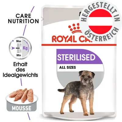 Royal Canin Sterilised All Sizes, Mousse, erhält das Idealgewicht, Care Nutrition, hergestellt in Österreich.