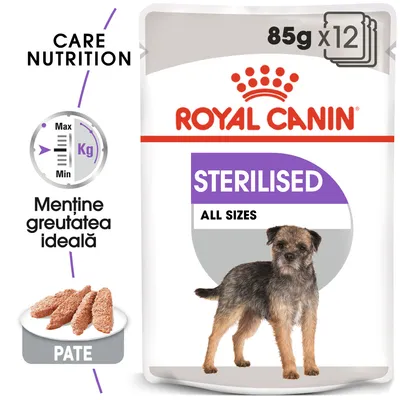 Pachet Royal Canin Sterilised All Sizes, 12 x 85g pate pentru câini. Text vizibil: Menține greutatea ideală, Care Nutrition. Imagine cu un câine și felii de pate.