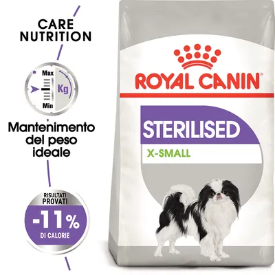 ROYAL CANIN STERILISED X-SMALL, mantenimento del peso ideale, risultati provati -11% di calorie, immagine di un cane di piccola taglia sul fronte della confezione.