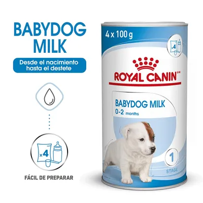 Leche para cachorros Royal Canin Babydog Milk 0–2 meses, pack de 4 x 100 g. Desde el nacimiento hasta el destete. Fácil de preparar. Texto y gráficos visibles en el envase.