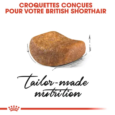 Croquettes conçues pour votre British Shorthair, texte anglais visible : tailor-made nutrition. Image d’une croquette marron sur fond blanc.