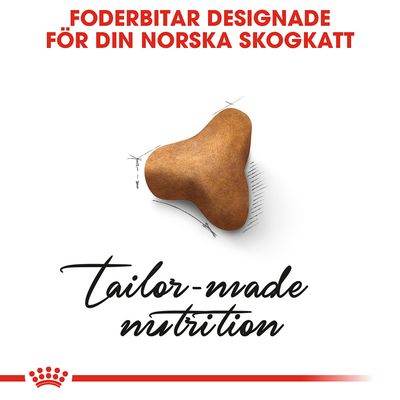 Text: Foderbitar designade för din norska skogkatt. tailor-made nutrition. Bild på en foderbit med ritade linjer runtom.
