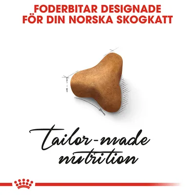 Text: Foderbitar designade för din norska skogkatt. tailor-made nutrition. Bild på en foderbit med ritade linjer runtom.