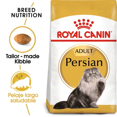Royal Canin Adult Persian, imagen de croqueta, texto: Breed Nutrition, Tailor-made Kibble, Pelaje largo saludable. Gato persa ilustrado en el envase.