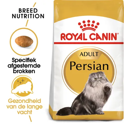 Royal Canin Adult Persian kattenvoer, tekst: Breed Nutrition, Specifiek afgestemde brokken, Gezondheid van de lange vacht. Afbeelding van een brok en een Perzische kat.