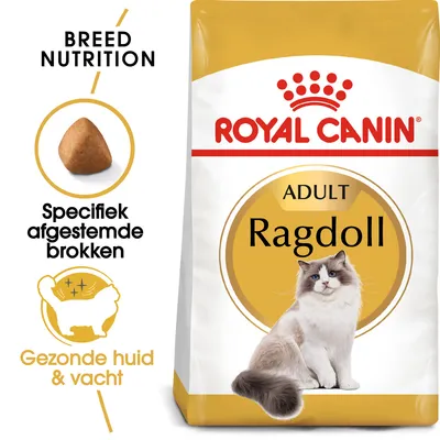 Royal Canin Adult Ragdoll kattenvoer, tekst: Specifiek afgestemde brokken, Gezonde huid & vacht, afbeelding van een brok en een Ragdoll kat op de verpakking. Royal Canin Adult Ragdoll kattenvoer, tekst: Specifiek afgestemde brokken, Gezonde huid & vacht, afbeelding van een brok en een Ragdoll kat op de verpakking.
