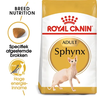Royal Canin Adult Sphynx kattenvoer, afbeelding van brok, tekst: Specifiek afgestemde brokken, Hoge energie-inname, Breed Nutrition, verpakking met Sphynx kat.