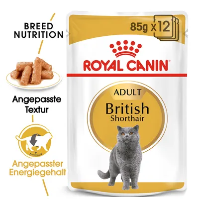 Royal Canin Adult British Shorthair, 85 g x12. Texte visible : Breed Nutrition, Angepasste Textur, Angepasster Energiegehalt. Image d’un chat gris et de bouchées en sauce.