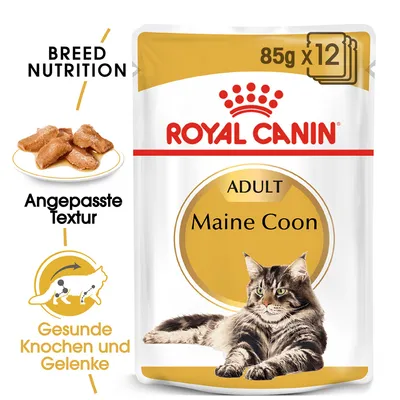 Royal Canin Adult Maine Coon, 85g x 12. Angepasste Textur für gesunde Knochen und Gelenke. Breed Nutrition speziell für Maine Coon Katzen.
