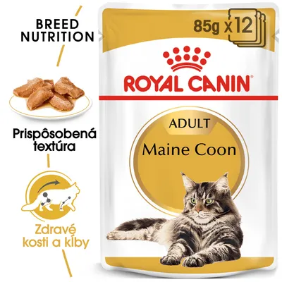 ROYAL CANIN ADULT Maine Coon, 85 g x12. Prispôsobená textúra. Zdravé kosti a kĺby. Breed Nutrition. Na obale obrázok mačky Maine Coon.