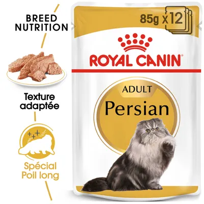 Sachet Royal Canin Adult Persian 85 g x12, image de nourriture humide, texte : Texture adaptée, Spécial Poil long, Breed Nutrition, photo d’un chat persan à poil long. Sachet Royal Canin Adult Persian 85 g x12, image de nourriture humide, texte : Texture adaptée, Spécial Poil long, Breed Nutrition, photo d’un chat persan à poil long.