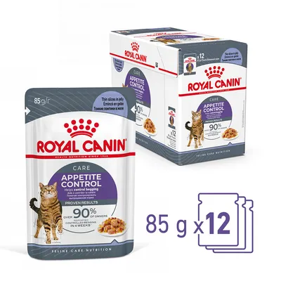 Royal Canin Care Appetite Control para gatos, pack de 12 sobres de 85 g. Texto visible: 'Over 90% of owners controlled begging in 4 weeks'. Imagen del sobre y caja del producto.