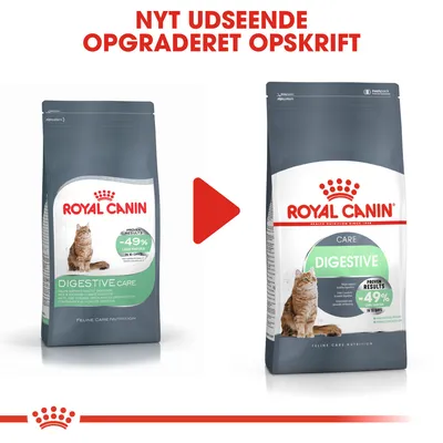 Royal Canin Digestive Care kattefoder, før og efter opdatering. Tekst: NYT UDSEENDE OPGRADERET OPSKRIFT. Begge poser viser kat og teksten 'PROVEN RESULTS -49% LESS FECES IN 10 DAYS'.