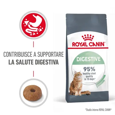 ROYAL CANIN DIGESTIVE per gatti, scritta: contribuisce a supportare la salute digestiva, 95% healthy stool quality in 10 days, crocchetta tonda visibile, immagine di gatto sul sacco. ROYAL CANIN DIGESTIVE per gatti, scritta: contribuisce a supportare la salute digestiva, 95% healthy stool quality in 10 days, crocchetta tonda visibile, immagine di gatto sul sacco.
