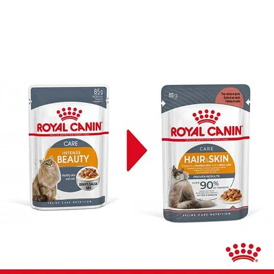 Промяна на опаковката: Royal Canin Intense Beauty 85 г става Royal Canin Hair & Skin 85 г. Видими са двете опаковки с котка и текстове на английски.