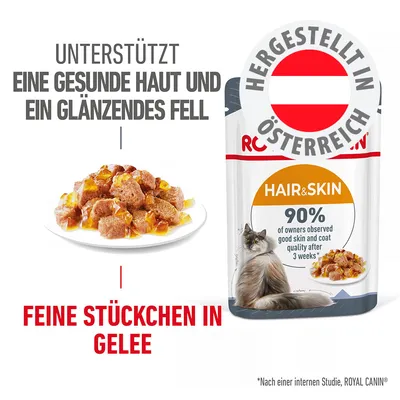 Unterstützt gesunde Haut und glänzendes Fell, feine Stückchen in Gelee, hergestellt in Österreich, Hair & Skin, 90% bestätigen gute Haut- und Fellqualität nach 3 Wochen. Unterstützt gesunde Haut und glänzendes Fell, feine Stückchen in Gelee, hergestellt in Österreich, Hair & Skin, 90% bestätigen gute Haut- und Fellqualität nach 3 Wochen.