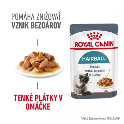 ROYAL CANIN HAIRBALL, tenké plátky v omáčke, pomáha znižovať vznik bezoárov. Na obale mačka a miska s krmivom. Text v angličtine: Reduces hairball formation in 14 days*.