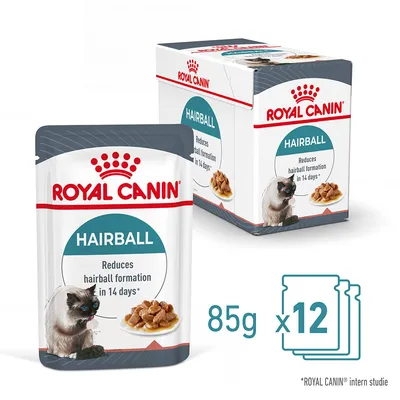 ROYAL CANIN HAIRBALL våtfoder för katt, 12 x 85 g. Text: Reduces hairball formation in 14 days*. Bild på portionspåse och kartong med katt och foderbitar. *ROYAL CANIN intern studie.