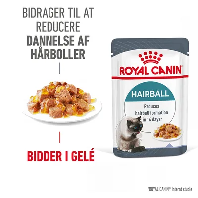 ROYAL CANIN HAIRBALL vådfoder til kat, tekst: Bidrager til at reducere dannelse af hårboller, bidder i gelé. Reduces hairball formation in 14 days*