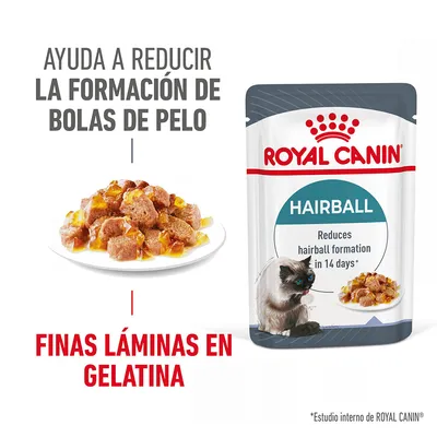ROYAL CANIN HAIRBALL, ayuda a reducir la formación de bolas de pelo. Finas láminas en gelatina. Reduces hairball formation in 14 days*. Imagen de comida húmeda y gato.