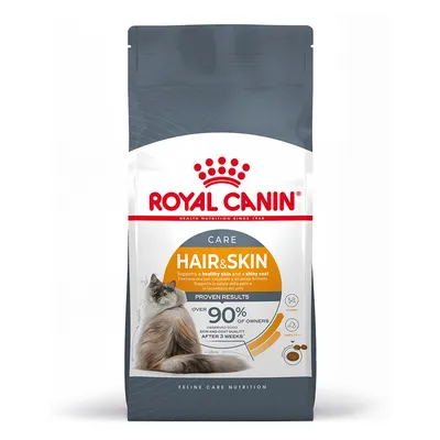Royal Canin Hair & Skin Care para gatos. Texto visible: 'Supports a healthy skin and a shiny coat', 'Proven results: over 90% of owners observed good skin and coat quality after 3 weeks'. Royal Canin Hair & Skin Care para gatos. Texto visible: 'Supports a healthy skin and a shiny coat', 'Proven results: over 90% of owners observed good skin and coat quality after 3 weeks'.
