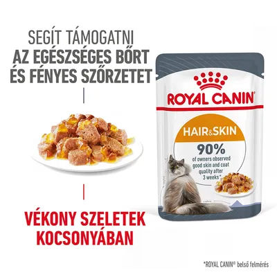 ROYAL CANIN Hair & Skin macskaeledel tasak, vékony szeletek kocsonyában. Szöveg: Segít támogatni az egészséges bőrt és fényes szőrzetet. 90% of owners observed good skin and coat quality after 3 weeks.