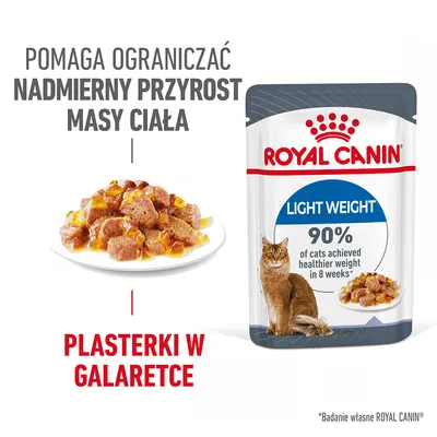 ROYAL CANIN Light Weight, plasterki w galaretce. Pomaga ograniczać nadmierny przyrost masy ciała. 90% kotów osiągnęło zdrowszą wagę w 8 tygodni. Plasterki w galaretce.