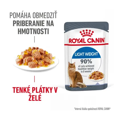 ROYAL CANIN Light Weight kapsička pre mačky, tenké plátky v želé. Pomáha obmedziť priberanie na hmotnosti. 90 % mačiek dosiahlo zdravšiu váhu za 8 týždňov.