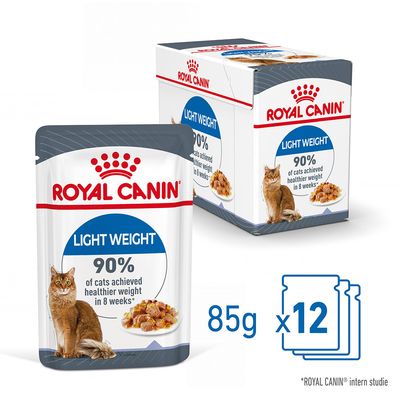 ROYAL CANIN LIGHT WEIGHT våtfoder för katt, 85 g x 12. Text: 90% of cats achieved healthier weight in 8 weeks*. Bild på katt och foderportion. *ROYAL CANIN intern studie.