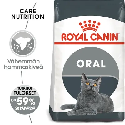 Royal Canin ORAL kissanruokapakkaus, teksti: Vähemmän hammaskiveä, tutkitut tulokset jopa 59 % 28 päivässä, harmaa kissa pakkauksessa.
