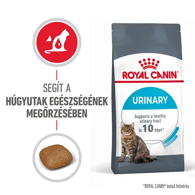 ROYAL CANIN URINARY macskaeledel csomag, szöveg: Segít a húgyutak egészségének megőrzésében. Supports a healthy urinary tract in 10 days*. Egy tápdarab képe is látható.