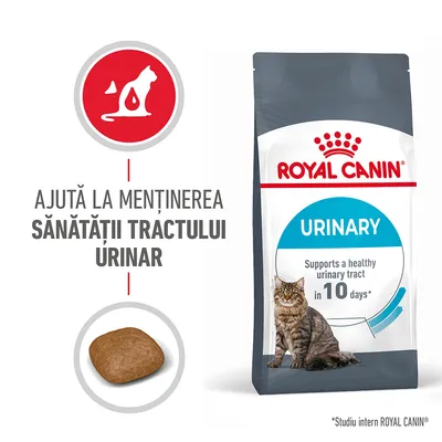 Pachet hrană pisici Royal Canin Urinary, text vizibil: Ajută la menținerea sănătății tractului urinar. Imaginea include o bucată de hrană și un motan tigrat.