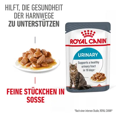 Royal Canin Urinary корм для кошек, мелкие кусочки в соусе. Помогает поддерживать здоровье мочевыводящих путей по внутреннему исследованию. Видна упаковка и поданный продукт.