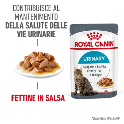 Royal Canin Urinary, fettine in salsa per gatti. Testo: contribuisce al mantenimento della salute delle vie urinarie. Immagine di bustina, piatto con fettine e gatto.