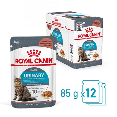 Royal Canin Urinary Care para gatos, pack de 12 sobres de 85 g. Texto visible: 'Finas láminas en salsa', 'Supports a healthy urinary tract in 10 days'. Imagen de un gato y comida húmeda.