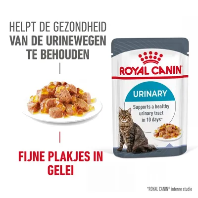 Royal Canin Urinary kattenvoer, helpt de gezondheid van de urinewegen te behouden, fijne plakjes in gelei. Verpakking en portie op bord zichtbaar.