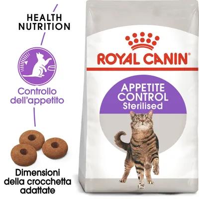 Royal Canin Appetite Control Sterilised, controllo dell'appetito, dimensioni della crocchetta adattate, immagine di un gatto e tre crocchette visibili sulla confezione.