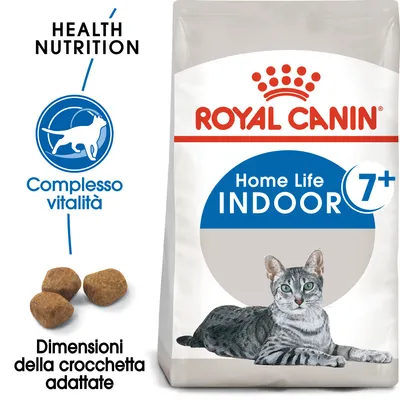 Royal Canin Home Life Indoor 7+, complesso vitalità, dimensioni della crocchetta adattate, immagine di un gatto e delle crocchette sulla confezione.