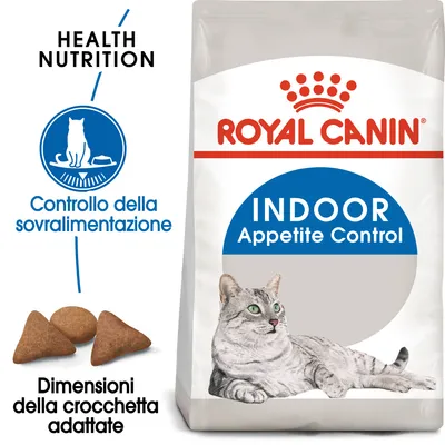 Royal Canin Indoor Appetite Control, controllo della sovralimentazione, dimensioni della crocchetta adattate, immagine di gatto e crocchette sulla confezione.