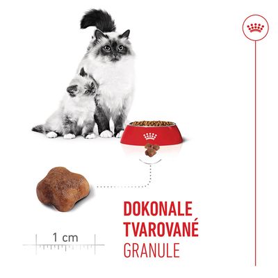 Kočky vedle misky s granulemi, detailní záběr na jeden kousek granulí s měřítkem 1 cm a textem: DOKONALE TVAROVANÉ GRANULE.