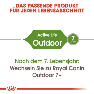 Primerni izdelek za vsako življenjsko obdobje. Active Life Outdoor od 7. leta. Po 7. letu: preklopite na Royal Canin Outdoor 7+.