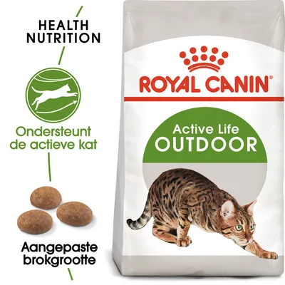 Royal Canin Active Life Outdoor kattenvoer, tekst: Health Nutrition, Ondersteunt de actieve kat, Aangepaste brokgrootte. Afbeelding van een kat en drie brokjes zichtbaar.
