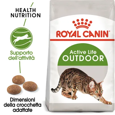 Royal Canin Active Life Outdoor, supporto dell’attività, dimensioni della crocchetta adattate. Immagine di crocchette e gatto sulla confezione.