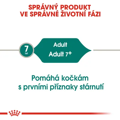 Správný produkt ve správné životní fázi. 7 let. Adult, Adult 7+. Pomáhá kočkám s prvními příznaky stárnutí.