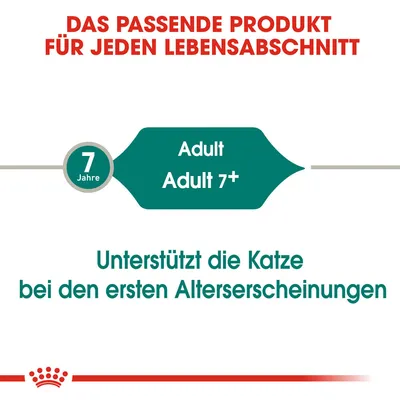 Texte en allemand : « Das passende Produkt für jeden Lebensabschnitt. 7 Jahre. Adult Adult 7+. Unterstützt die Katze bei den ersten Alterserscheinungen ».