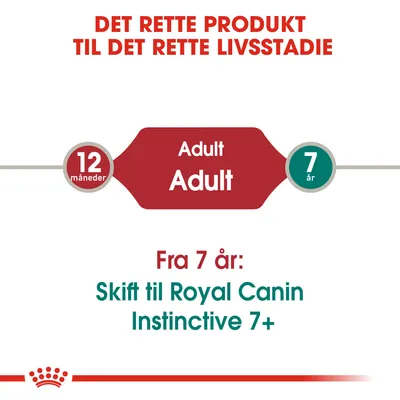 Det rette produkt til det rette livsstadie. 12 måneder Adult. 7 år. Fra 7 år: Skift til Royal Canin Instinctive 7+.